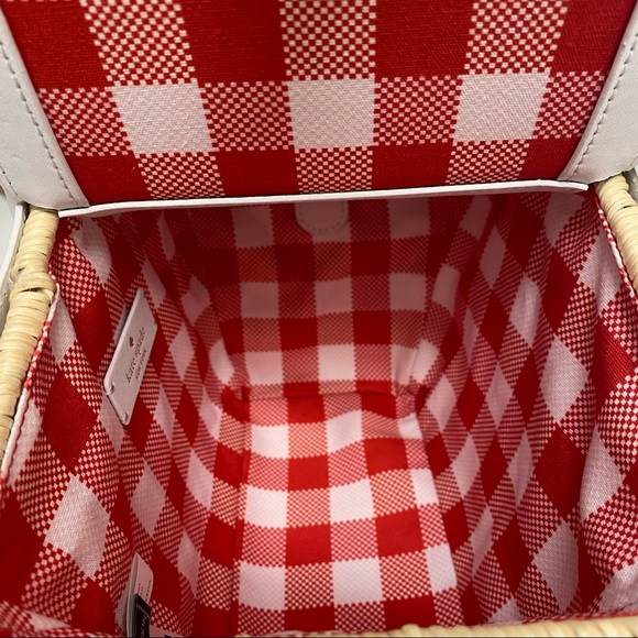 Kate Spade Strawberry Basket Lined Gingham Picnic Wicker Basket Satchel - Picture 5 of 8